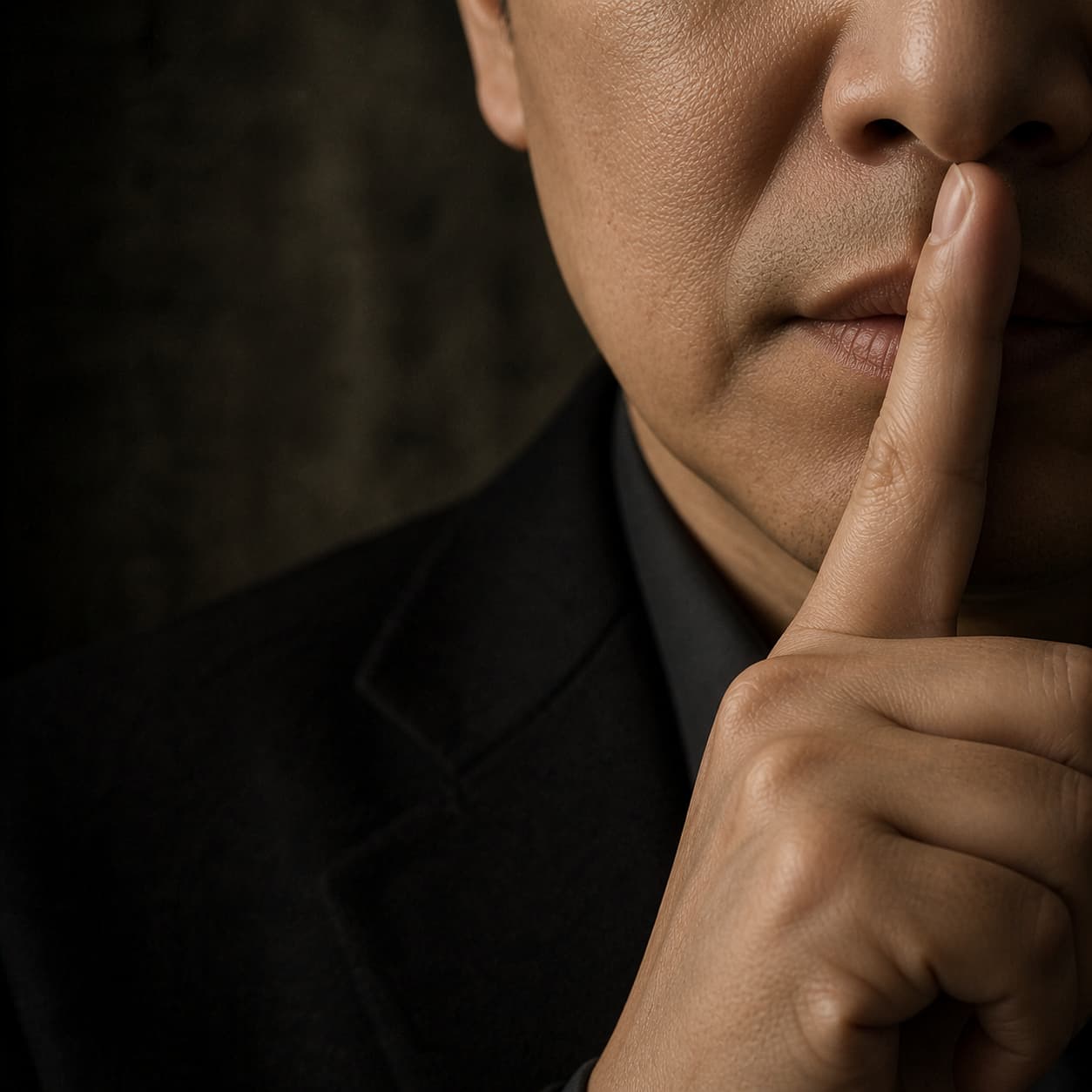 Mr. Xing's subtle hand gesture silencing the other Chinese man